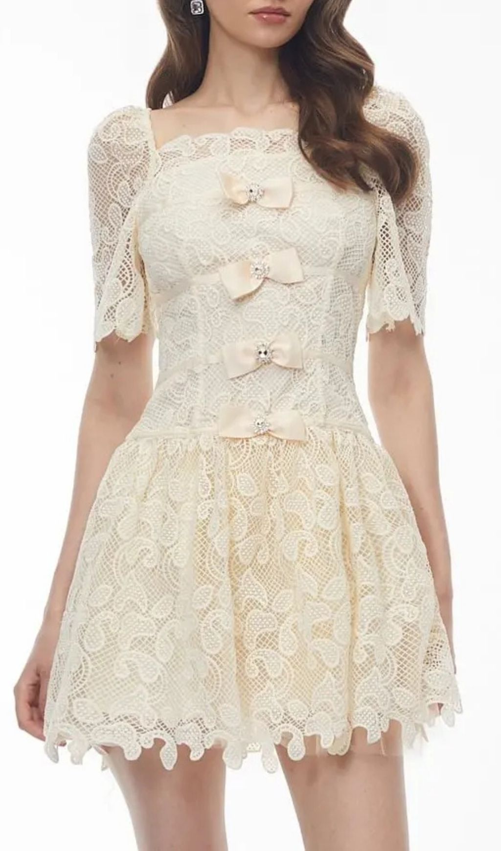 Vivien Square Neck Bow Lace Mini Dress - White