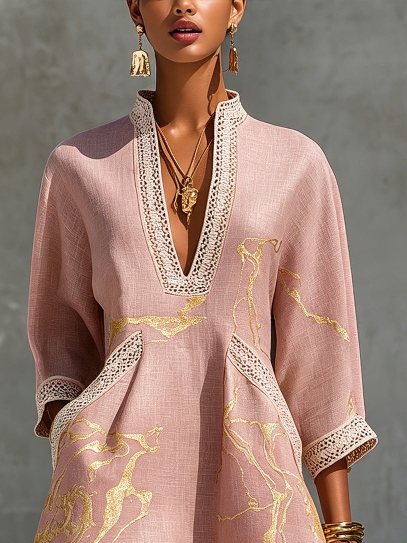 7ba96046336159a081205987bba6f63b Pink Gold Printed V-neck Crochet Lace Mini Dress