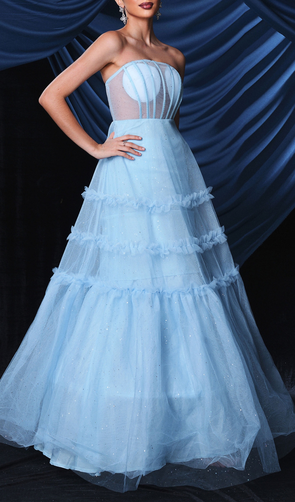 Borime Blue Corset Mesh Maxi Dress