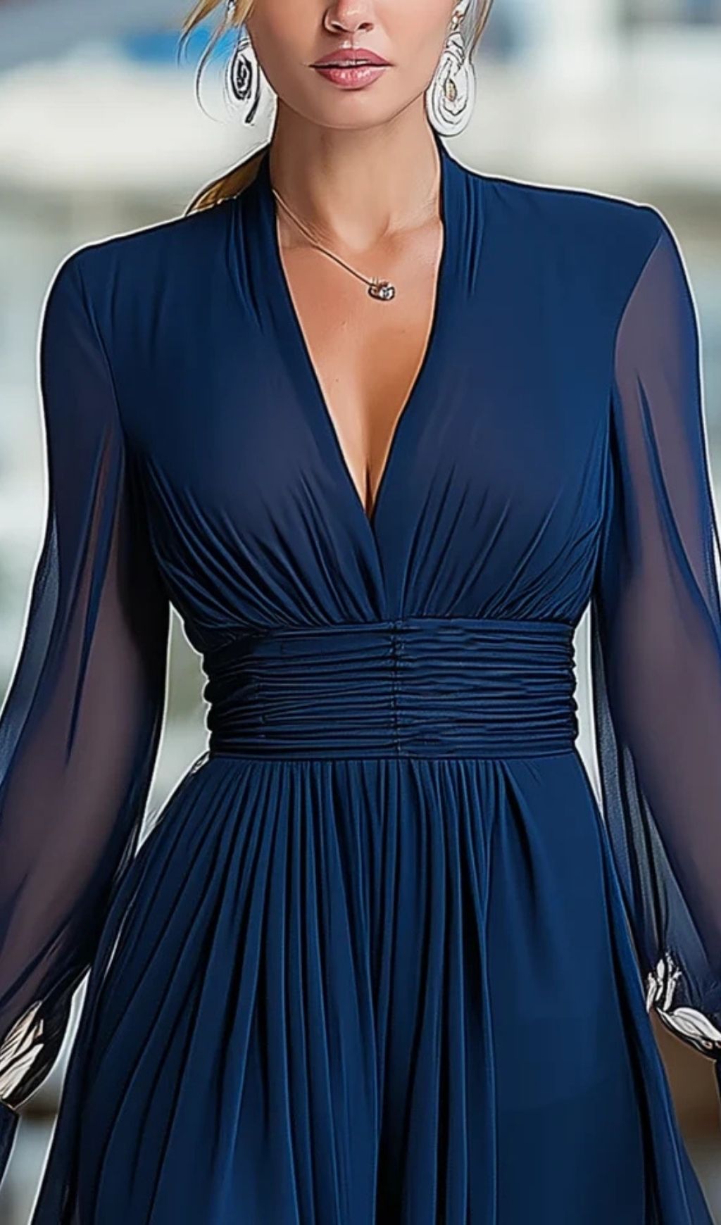 7bdbbce3202e10172d44296d1b357bef.jpg Fashionslee Women Navy Blue V-neck Tulle Sleeve Pleated Floral Maxi Dress