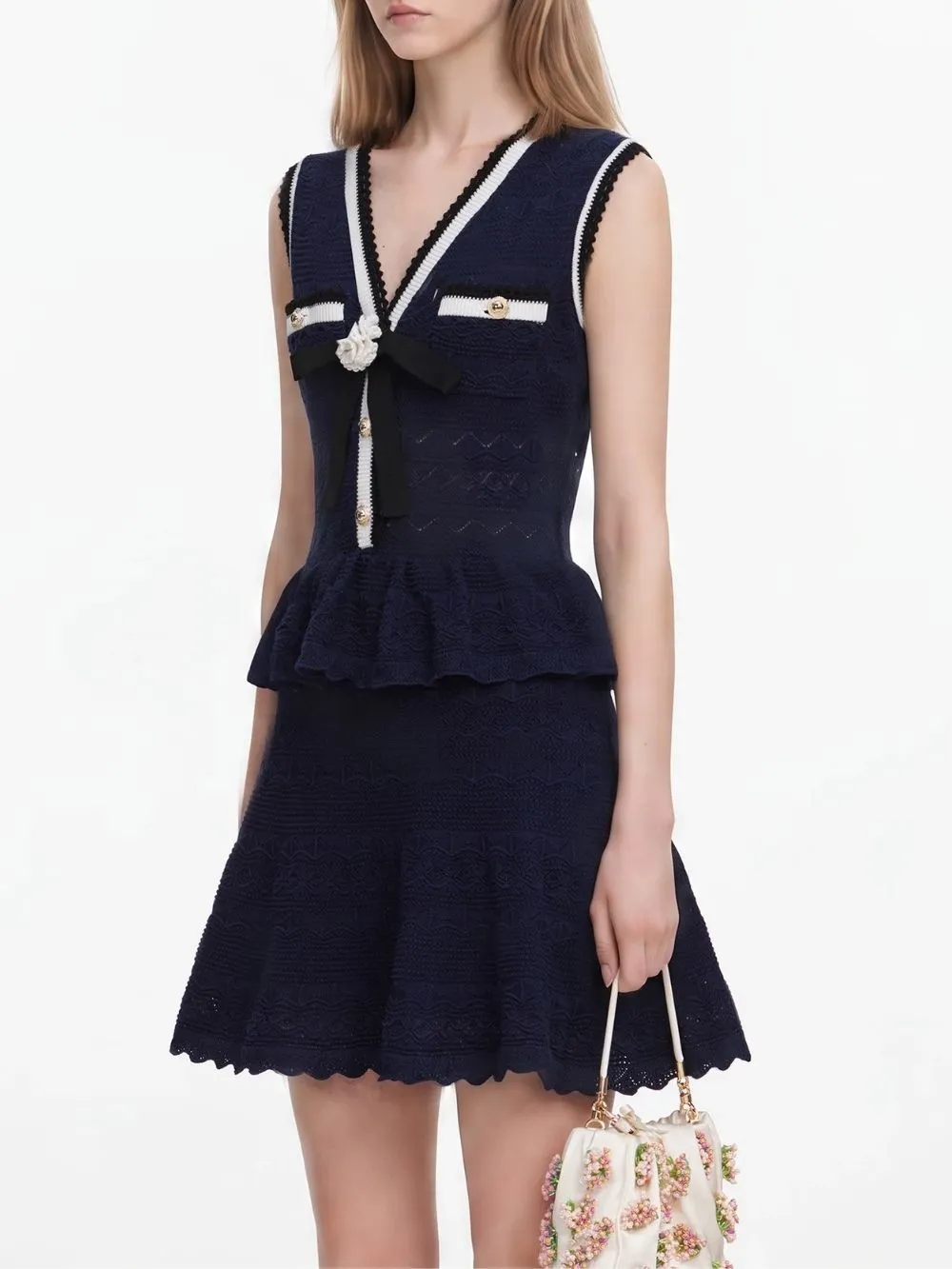 Pointelle Knit Mini Dress – Navy - OWNCI Pointelle Knit Mini Dress – Navy - OWNCI
