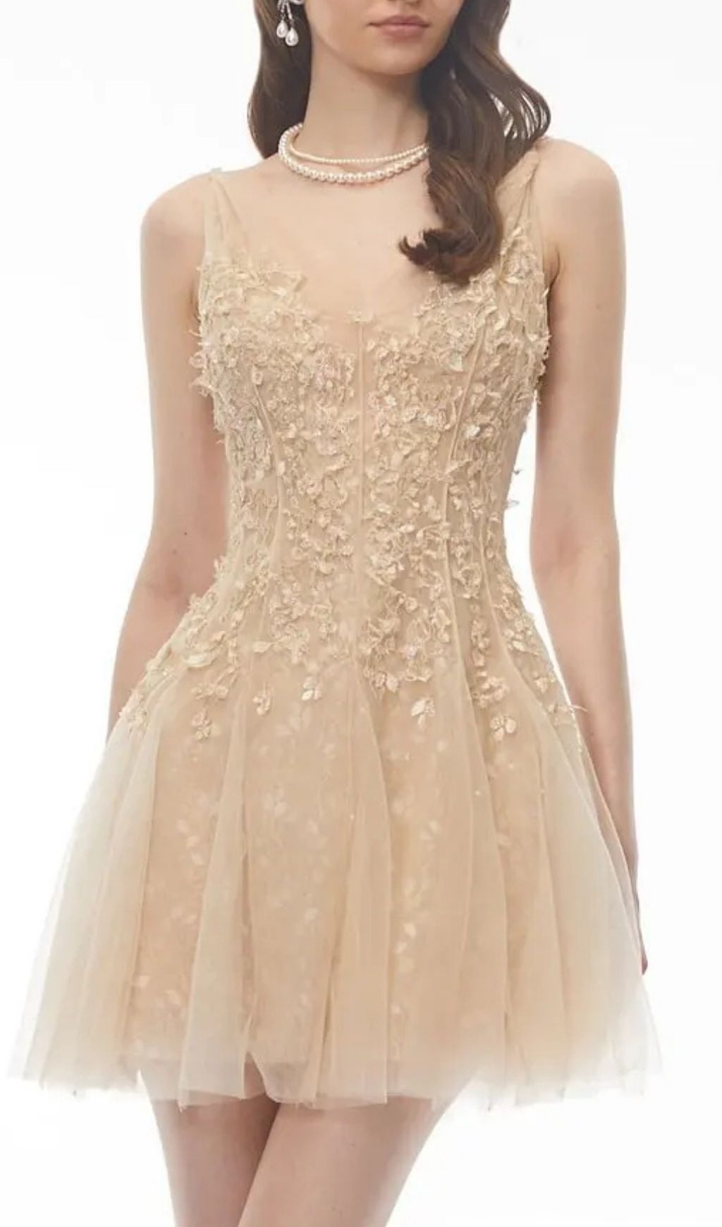 Saga Neutral Pleated Mini Dress With 3D Petals