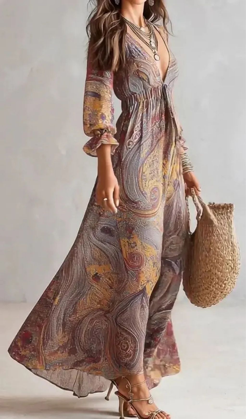 7c52f7fac0ca629e465d64815bddf808.jpg Fashionslee Women Paisley Print V-neck Gathered Chiffon Maxi Dress