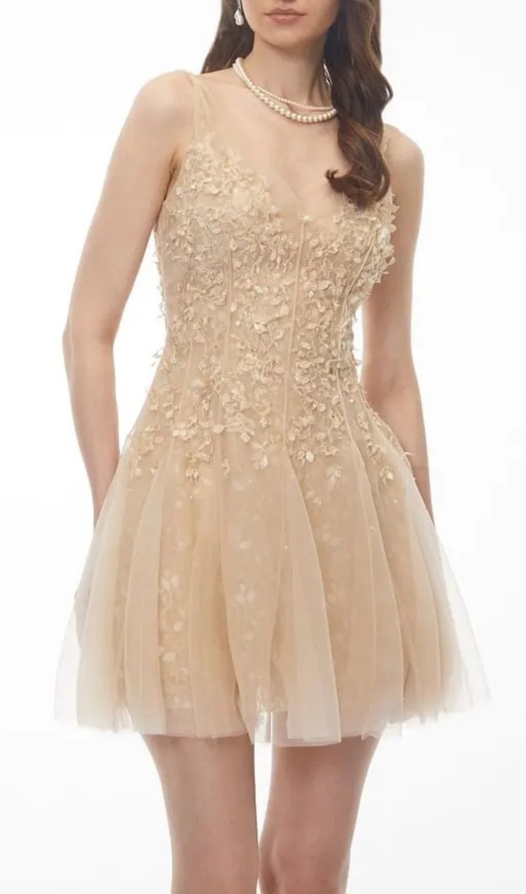 7cc4f0dfe9b7b4ff96c39e98ad6b63a7 Saga Neutral Pleated Mini Dress With 3D Petals