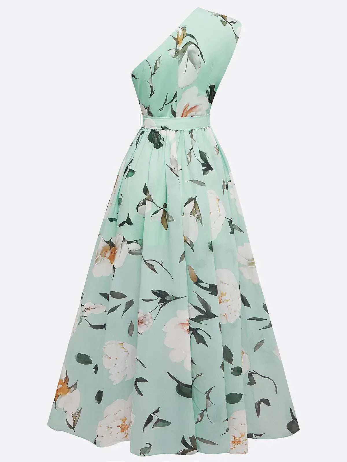 7ce24bd13616e7150fb41c6e10666cb7 Light Green Floral Ruched One Shoulder A-Line Maxi Chiffon Dress