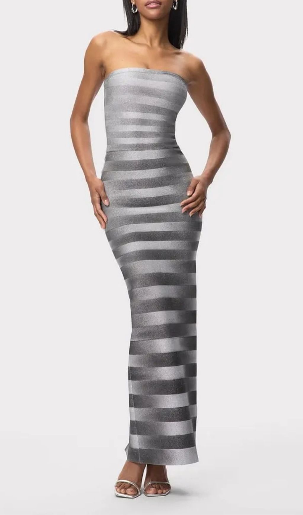 7cf7189c16a73ef7836bf7fb9ce1e628 Janice Grey Stripes Bling Detail Bandage Maxi Dress In Silver