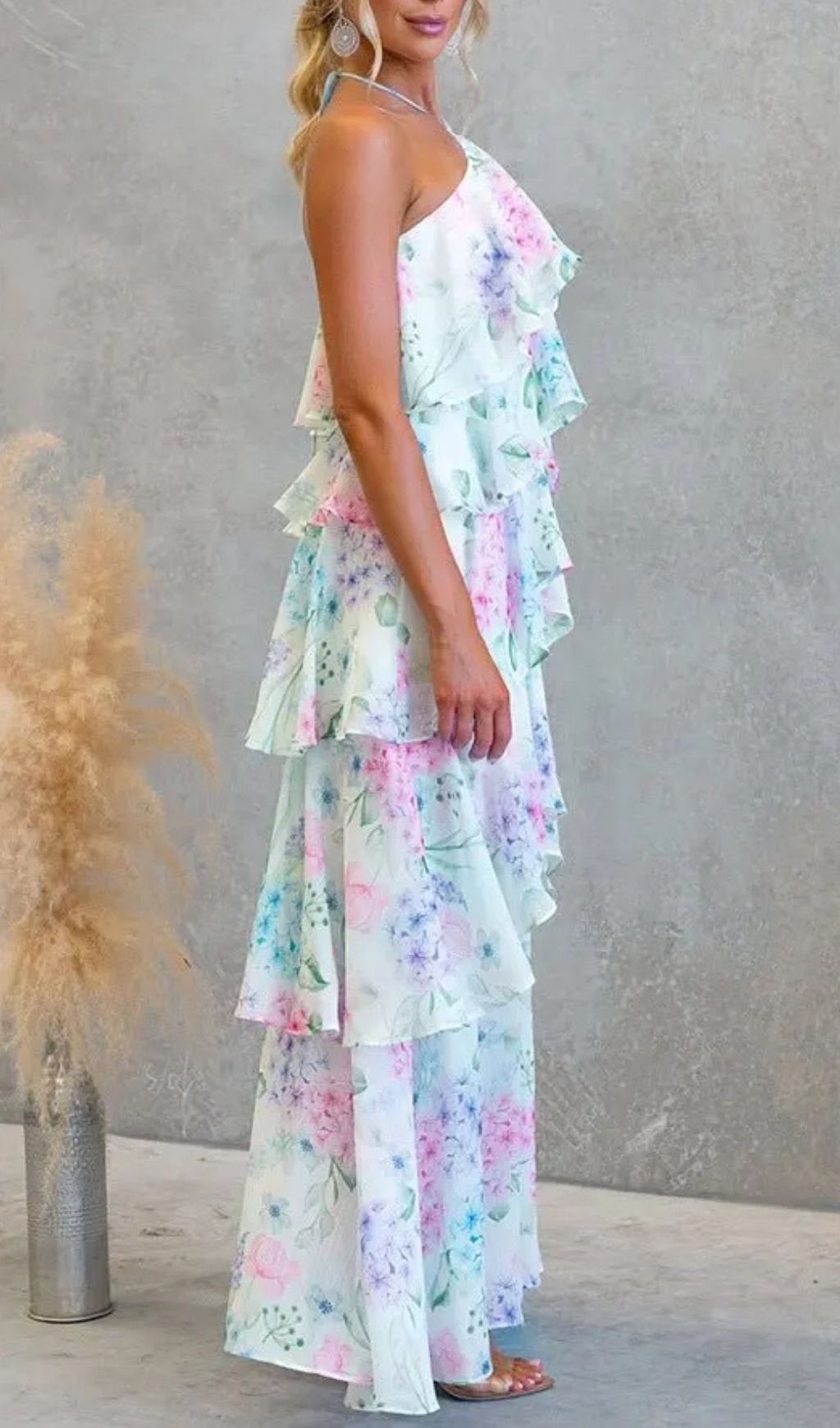 Floral Ruffle Halter Neck Midi Dress - Blue