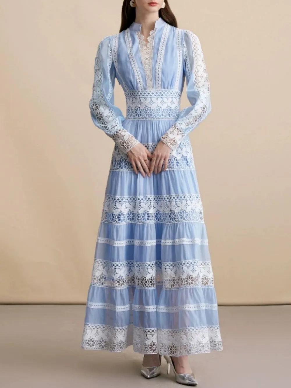 Mahnaz Blue Lace Long Sleeve Maxi Dress