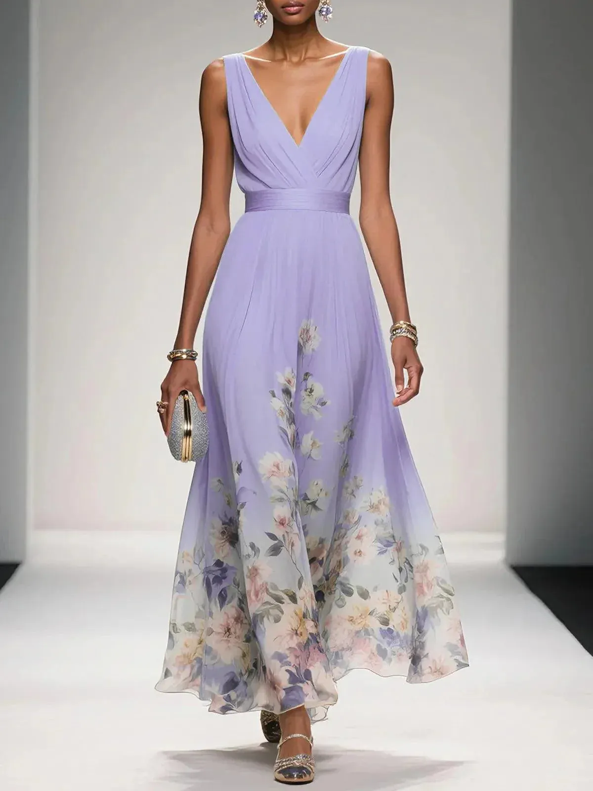 Light Blue Floral Chiffon V Neck Sleeveless A-Line Maxi Dress - OWNCI