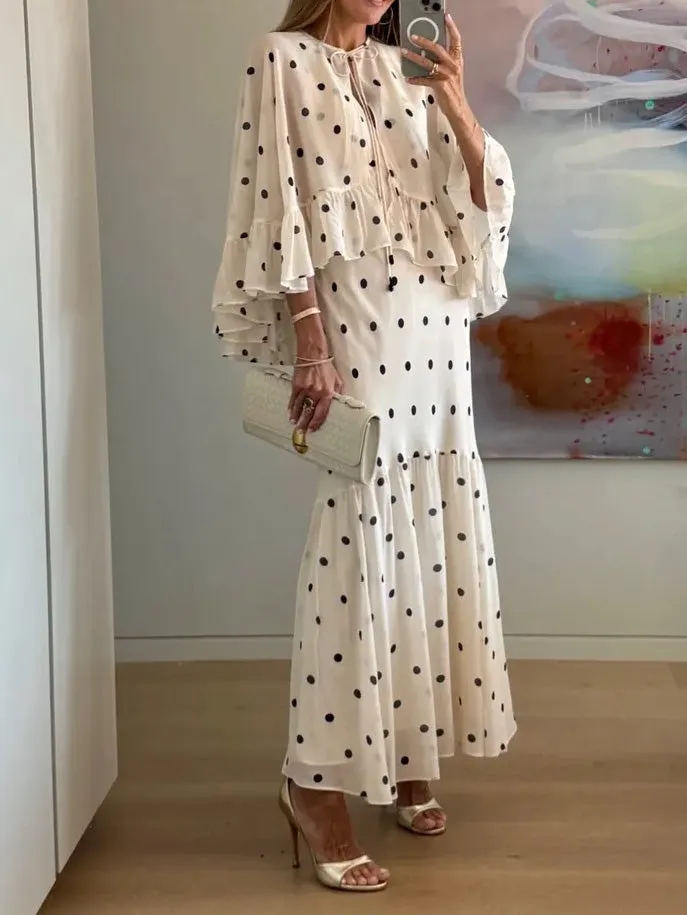 7d71e43b72dcd0cff23ed4eef0d04e19 Polka Dot Ruffle Layered Chiffon Cape Maxi Dress