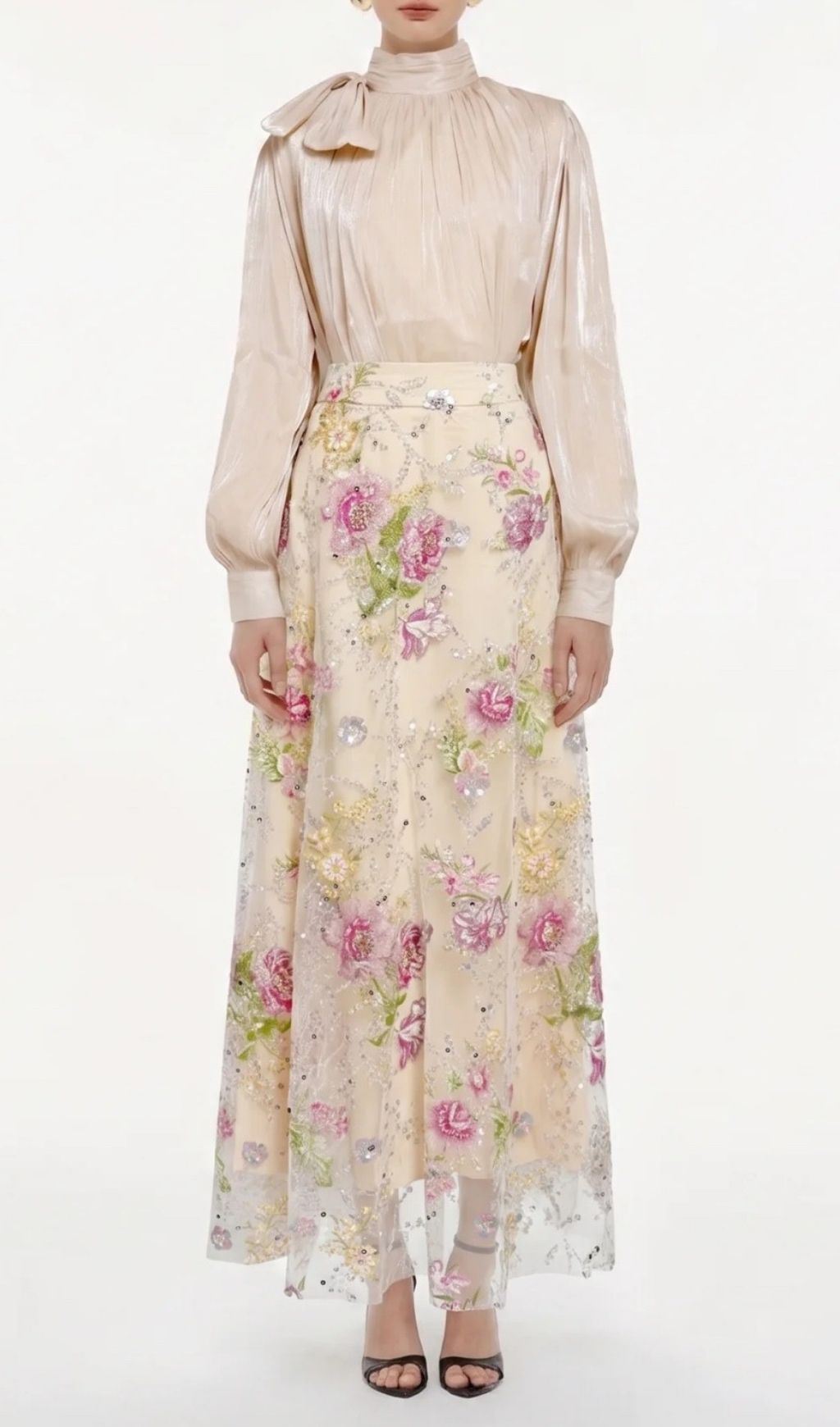 Fashionslee Women Lorvannis Apricot Flower Sequin Skirt Set