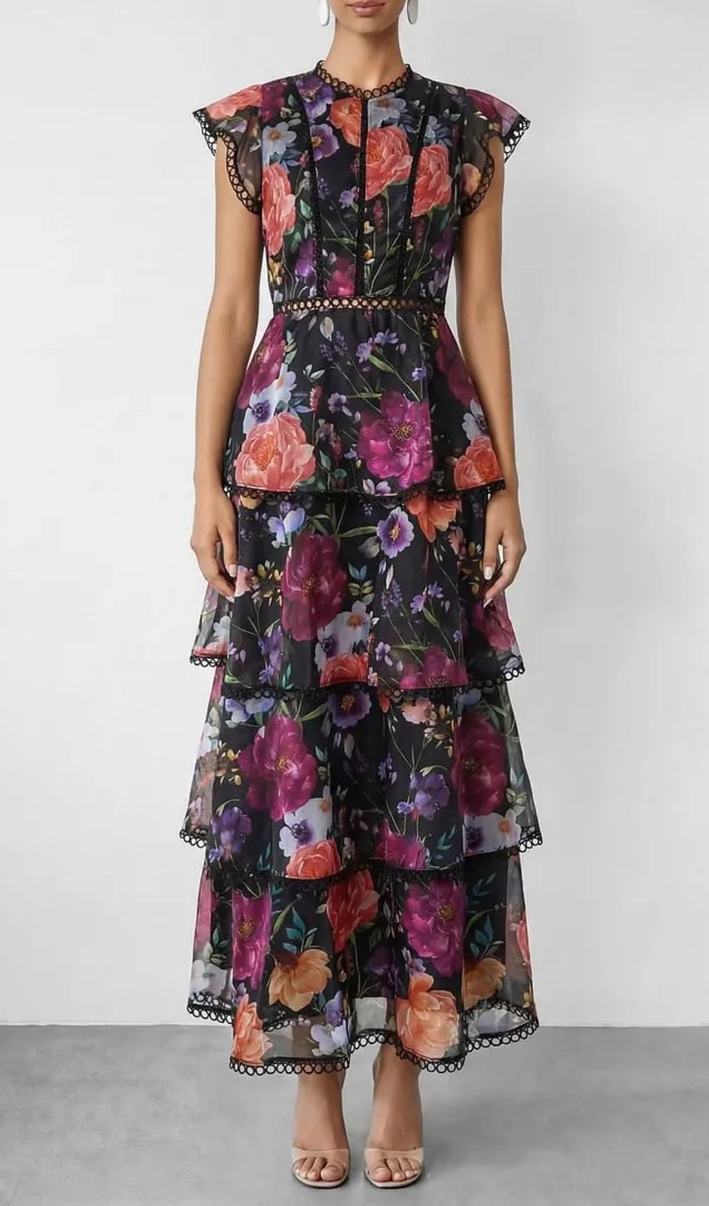 Black Floral Print Tiered Ruffle Maxi Dress