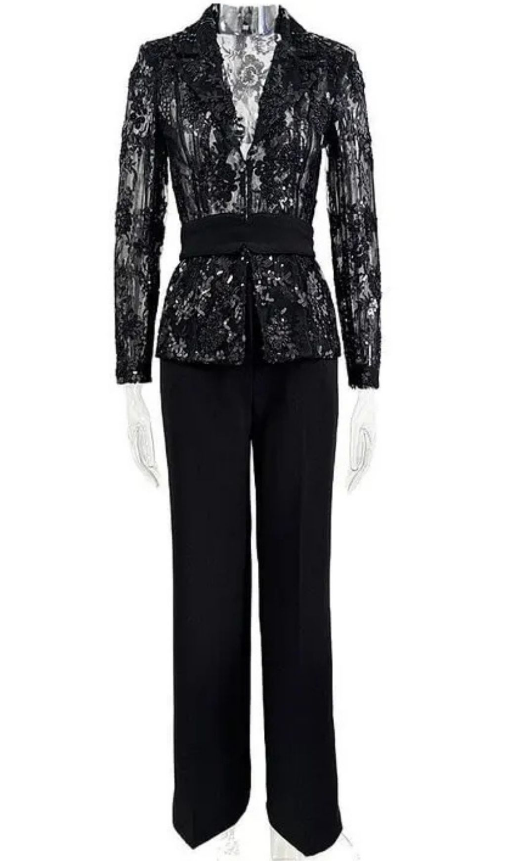 Mesh Embroidered Beaded Jacket & Trousers 2-Piece Set - Black