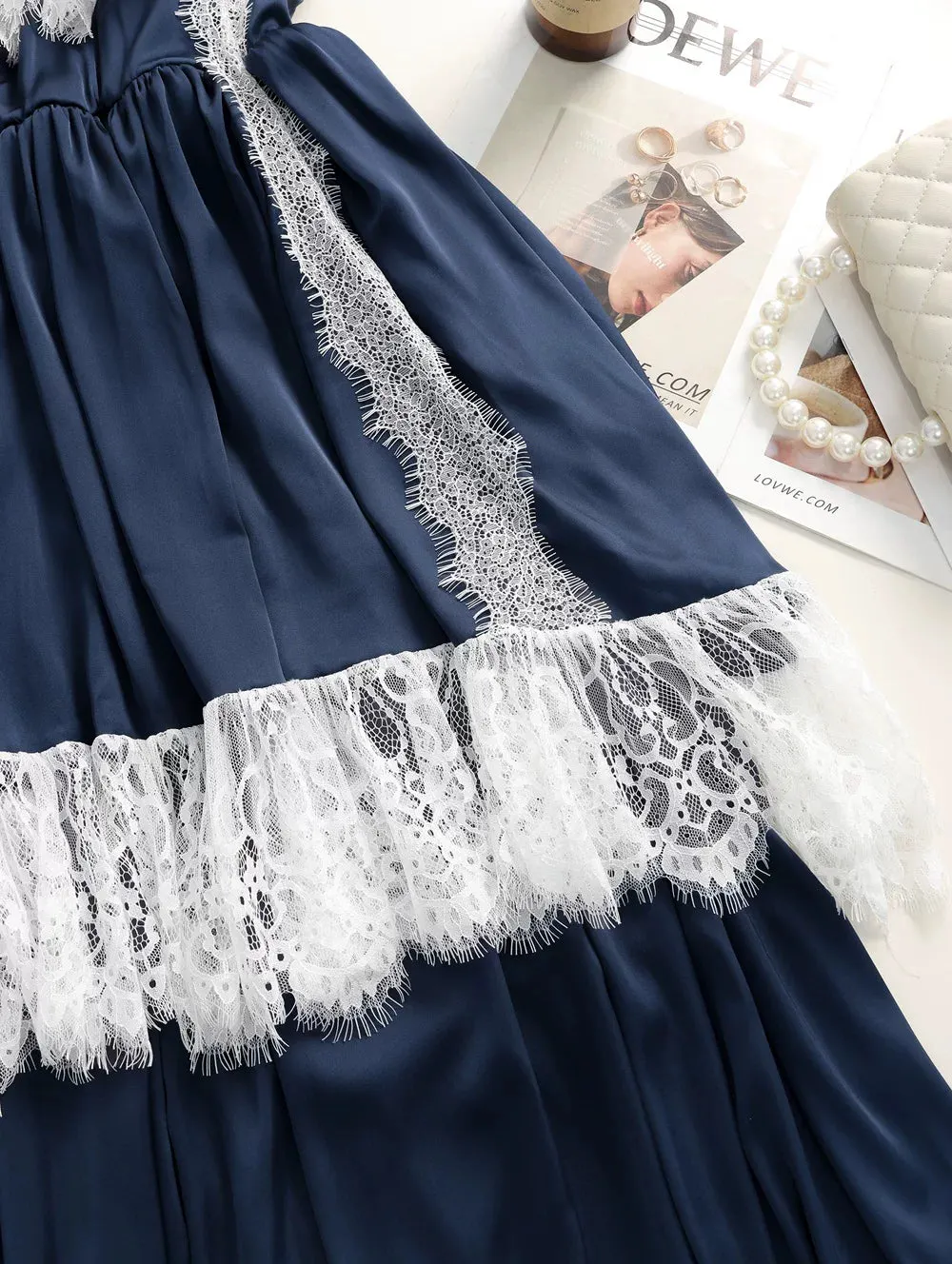 7e8db12d5beb1424c7d0b208f26794e3 Navy Spaghetti Strap V-Neck Tiered Lace Fringe Maxi Dress
