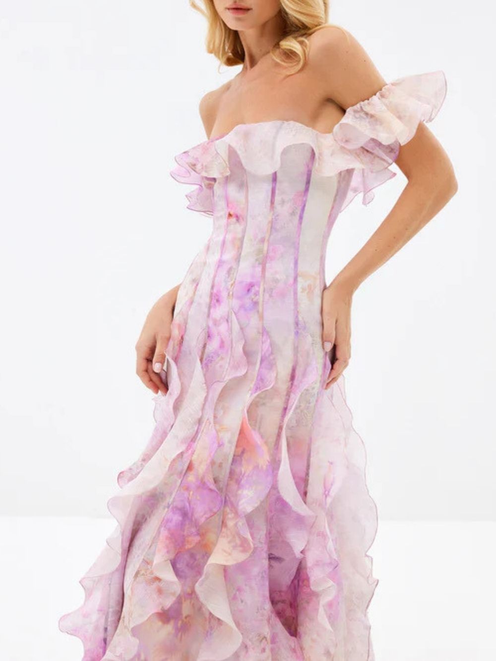 Helen Floral Frill Off-Shoulder Maxi Dress In Pink