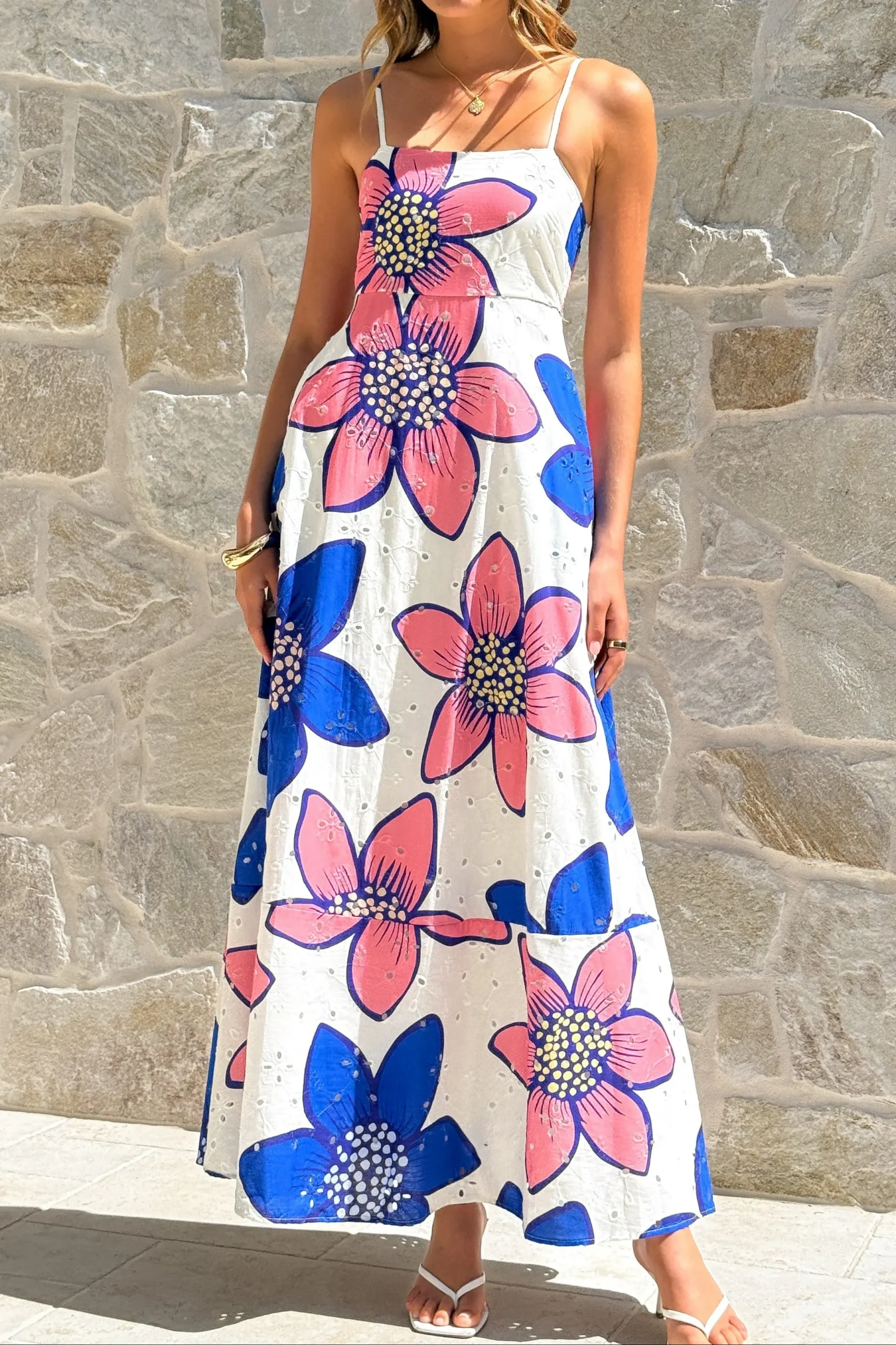 Penelope Botanic Blue-Pink Print Eyelet Maxi Dress