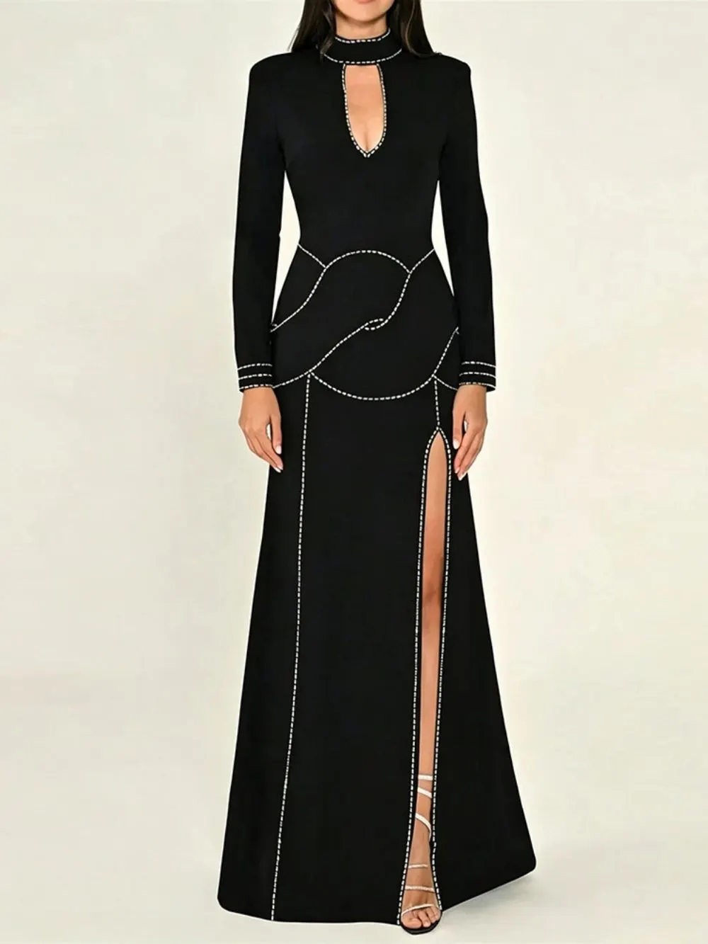Magan Black Crystal Embellished Long Sleeve Maxi Dress