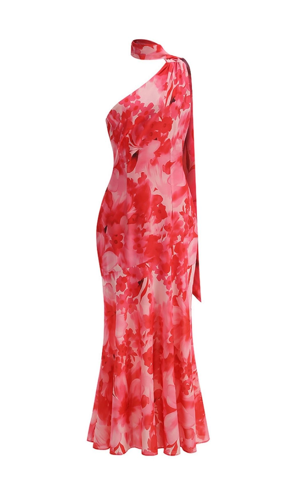 One-Shoulder Floral Mermaid Maxi Dress In Red
