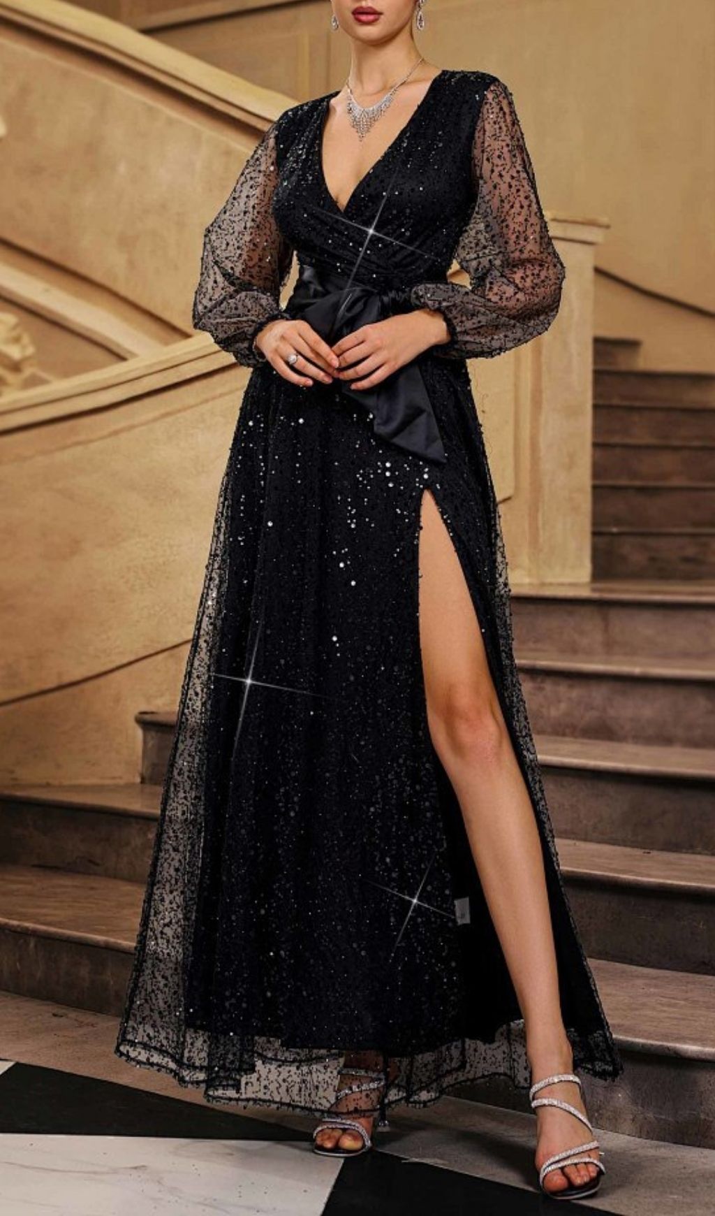 7ecb64f168adfe6550daedfb83eb99e0.jpg Lavinia Black Sequin Maxi Dress, Long Sleeve Evening Gown - black, embellished gown by OWNCI