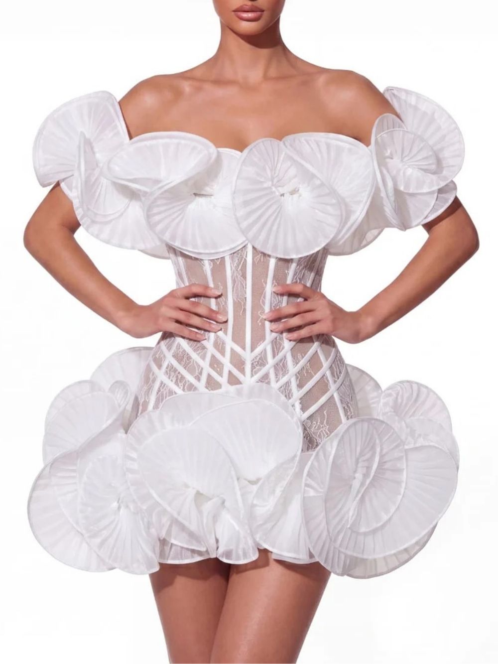 Fashionslee Women Auronis Off Shoulder Lace Flower Mini Dress