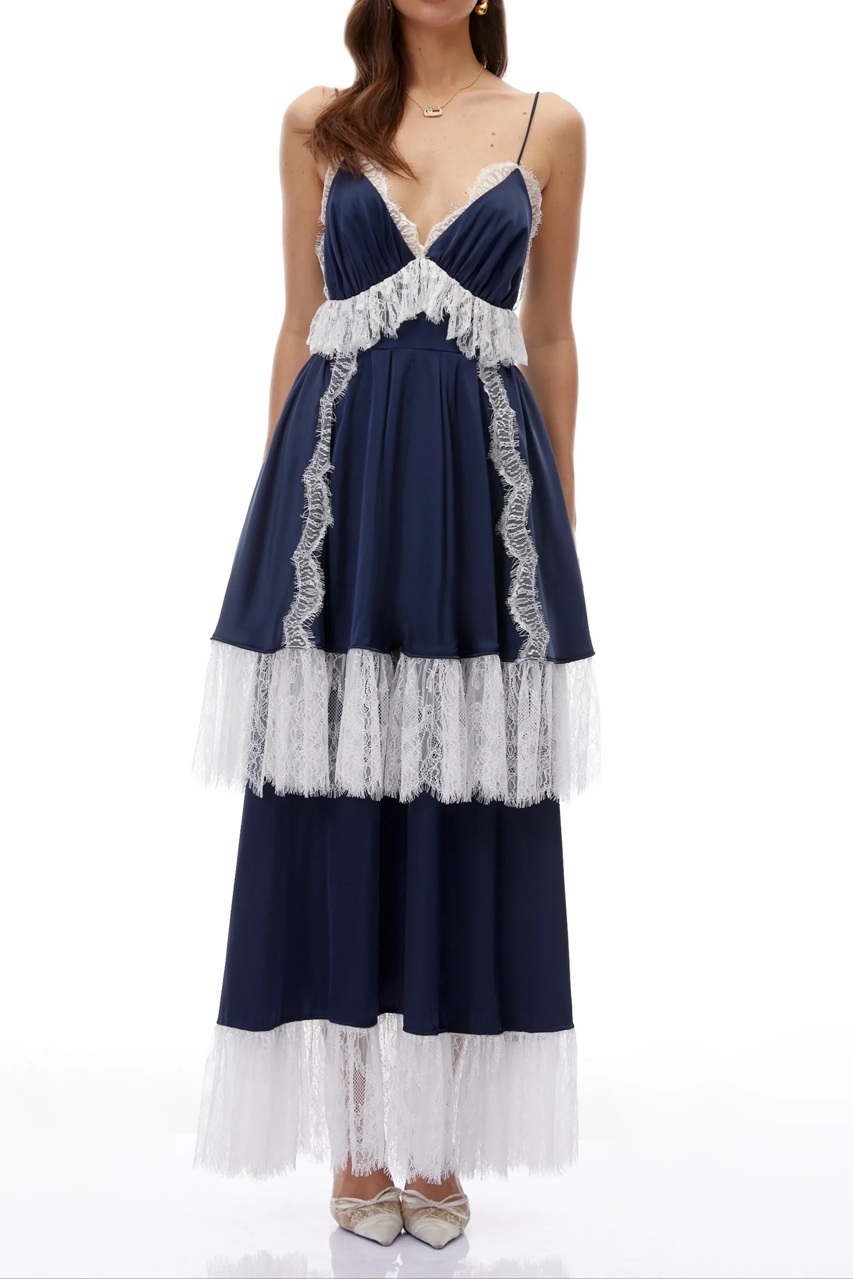 7ef8c845d086ee388363acde3db08d93 Navy Spaghetti Strap V-Neck Tiered Lace Fringe Maxi Dress