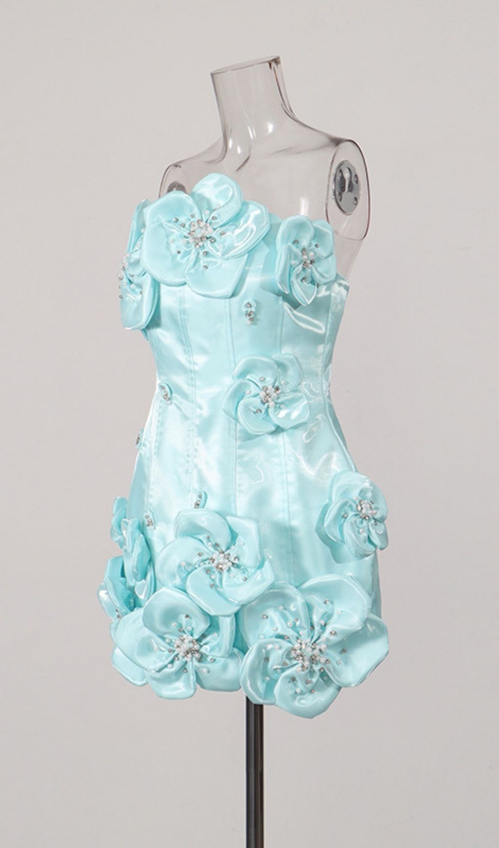 7f1d01376f8b4542083a441f5f4465f1 Widaad Blue Strapless Mini Dress With 3D Petals