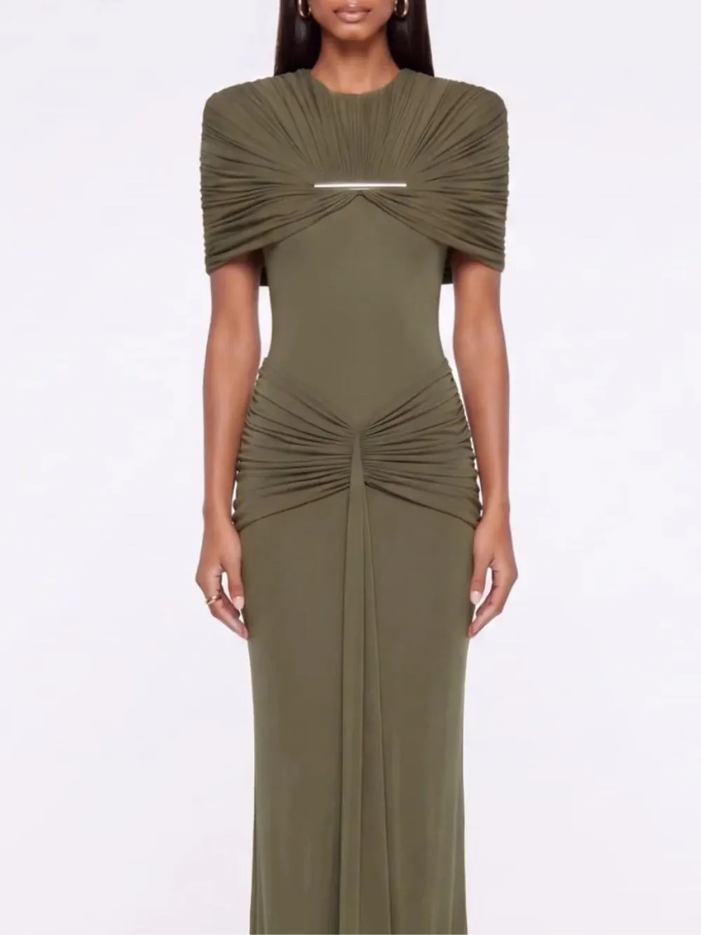 Quvion Shoulder Pad Ruched Maxi Dress In Olive - OWNCI Quvion Shoulder Pad Ruched Maxi Dress In Olive - OWNCI