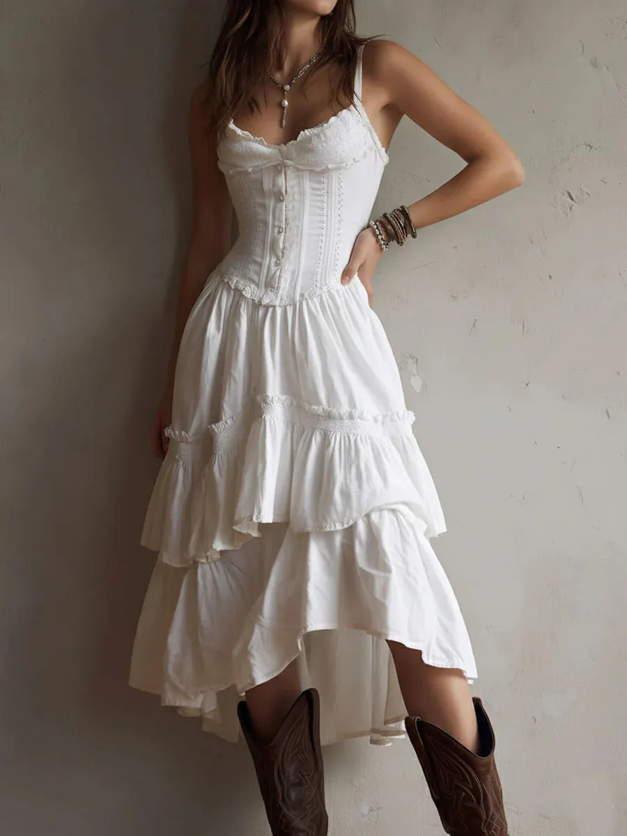 White Renee Corset Tiered Midi Dress With Lace-Trim