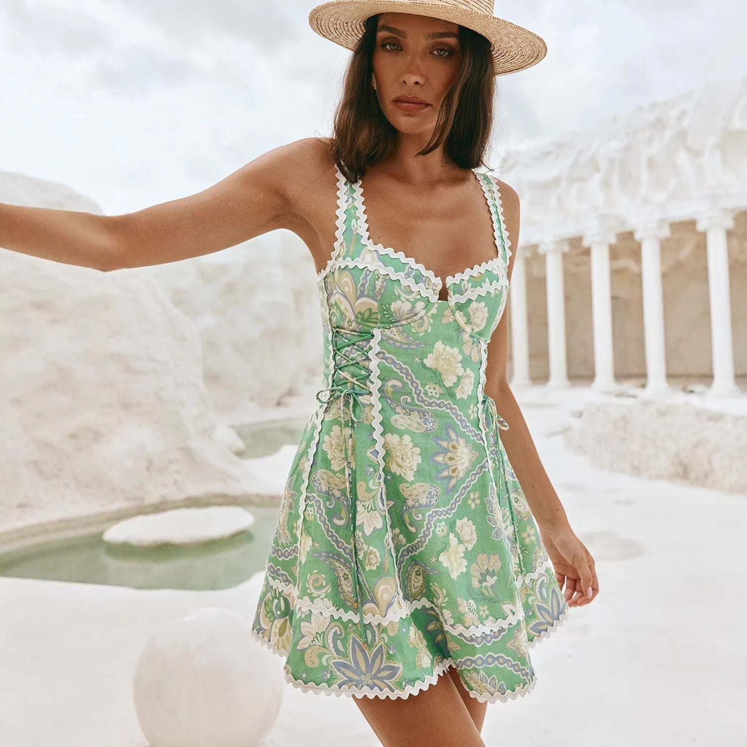 Green Linen Sleeveless Camisole Lace Dress