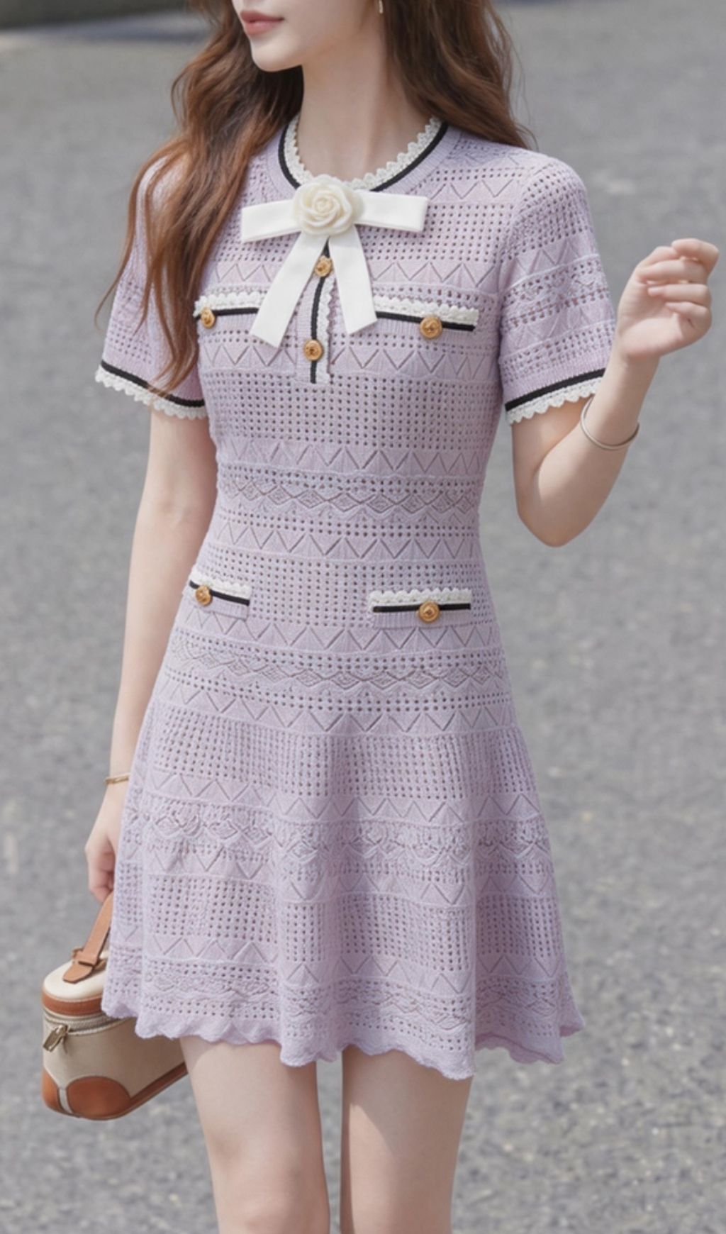 Fashionslee Women Madelene Purple Flower Bow Knit Mini Dress