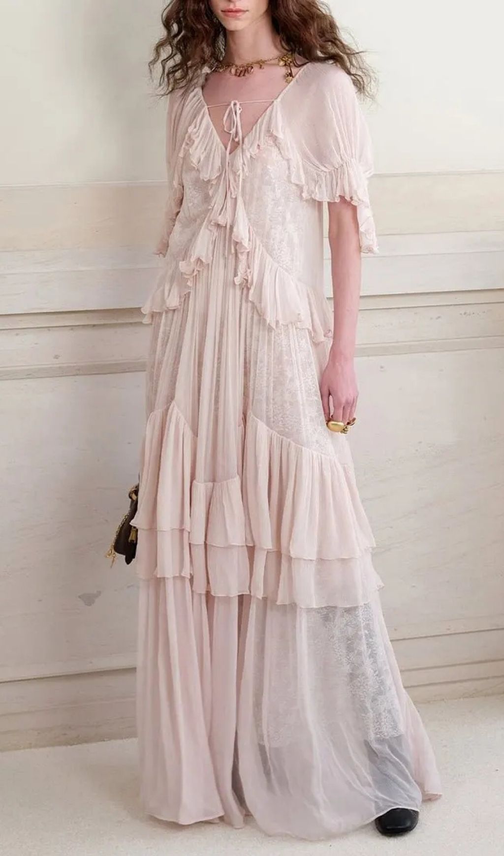 Kristin Lace Three-Quarter Sleeve Ruffle Maxi Dress - Pink