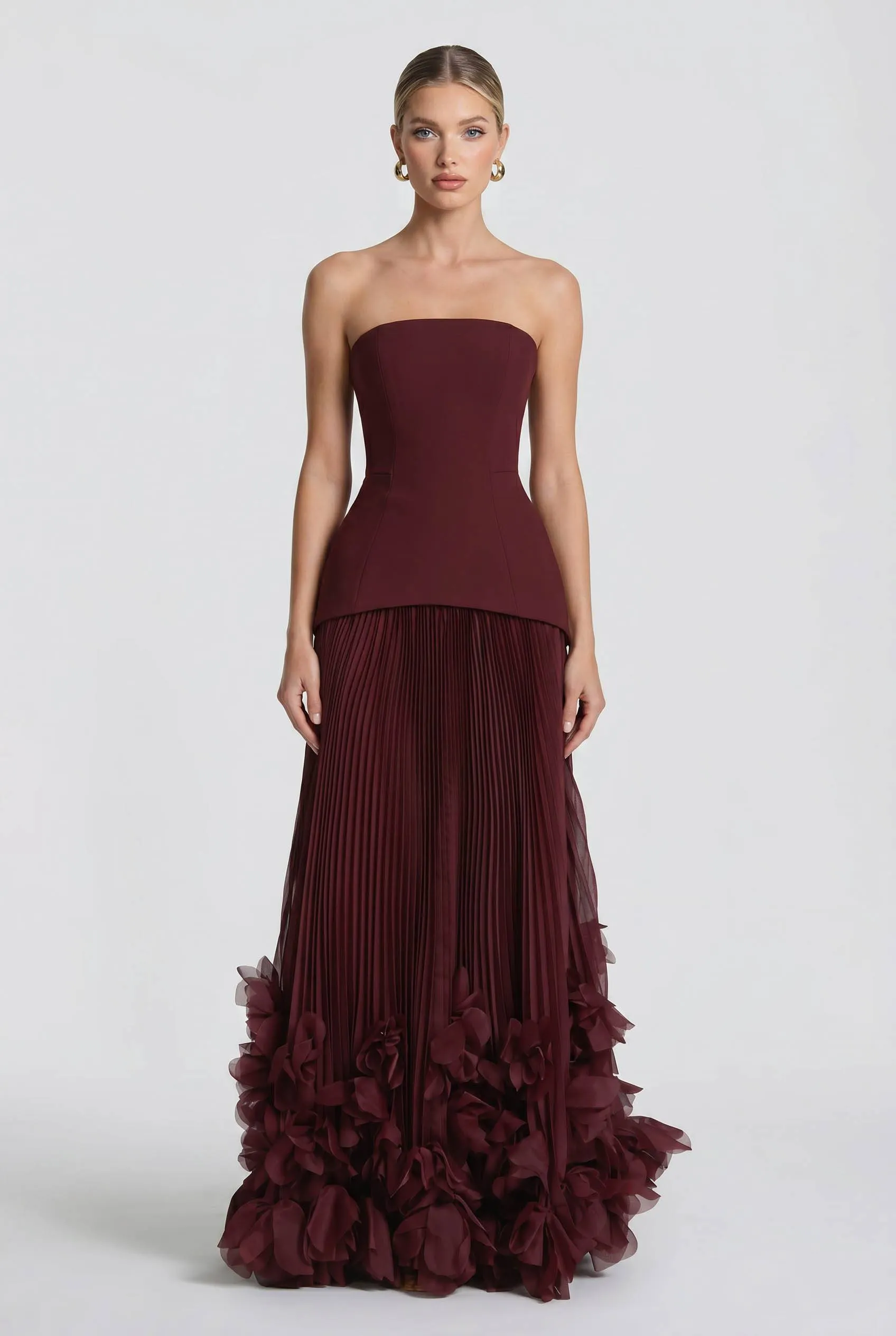 Strapless Burgundy Pleated Maxi Gown With 3D Floral Ruffle Hem