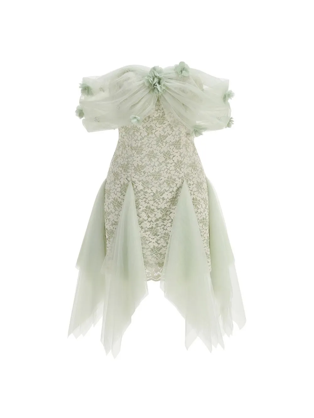 Malina Green Off-Shoulder Lace Mesh Mini Dress - OWNCI