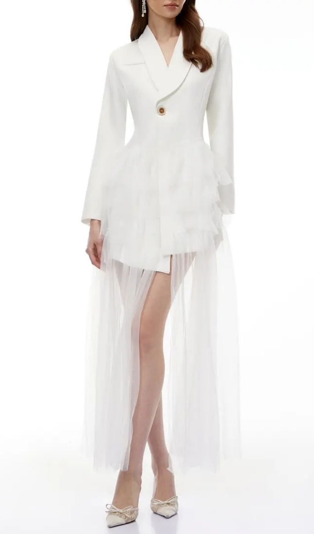 Illyria White Blazer Maxi Dress with Ruffled Tulle
