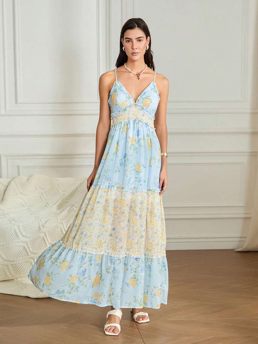 Floral Print Cami backless V Neck A Line Maxi Dress - Blue