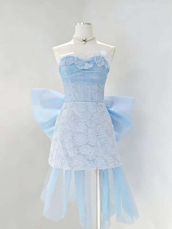 Maho Blue Strapless Flower Bow Mini Dress - OWNCI Maho Blue Strapless Flower Bow Mini Dress - OWNCI
