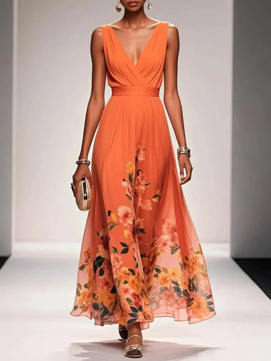 Light Blue Floral Chiffon V Neck Sleeveless A-Line Maxi Dress - OWNCI