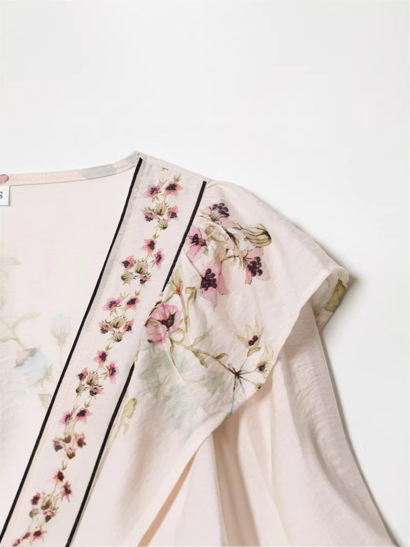 V-Neck Linen Blend Floral Shirt