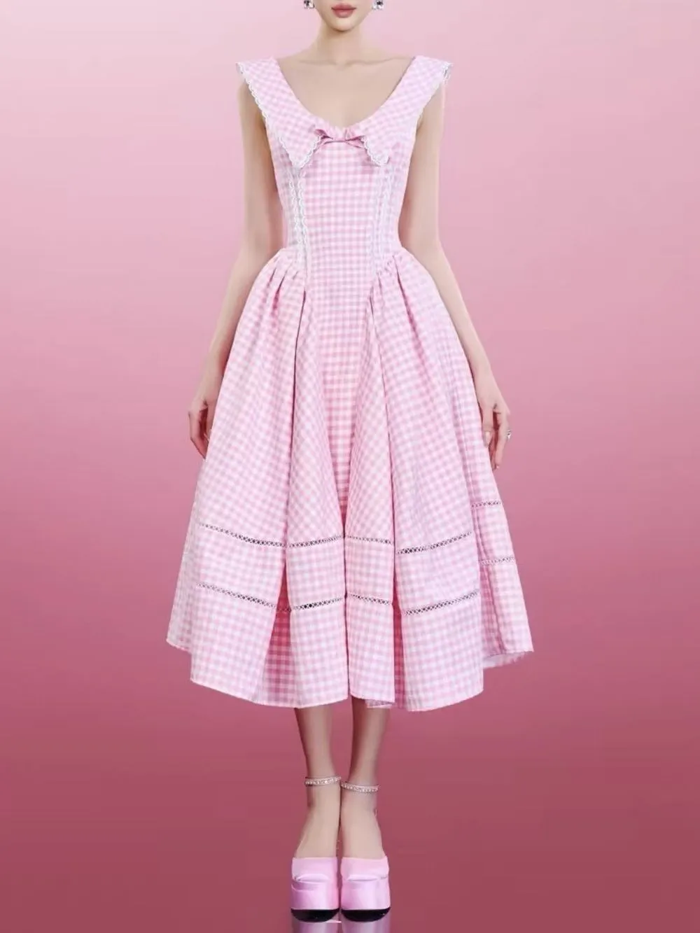 Mahalia Checkered Midi Dress With Collar - OWNCI