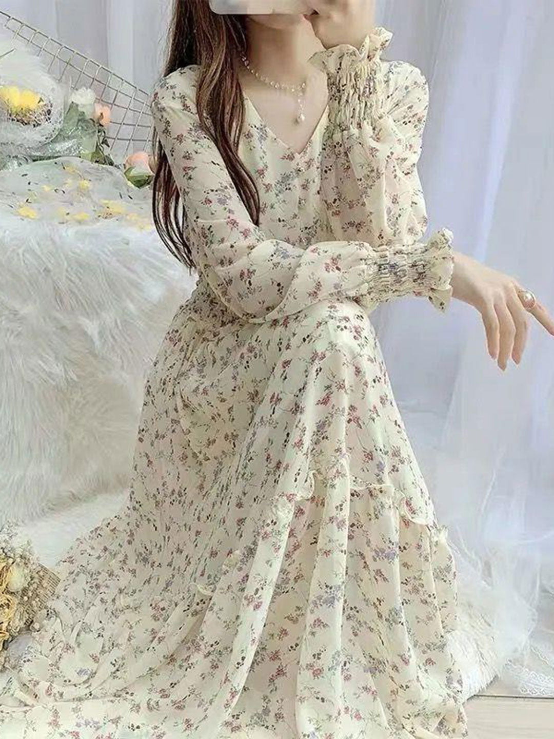 Janet Classic Floral Ruffle Chiffon Dress-Yellow