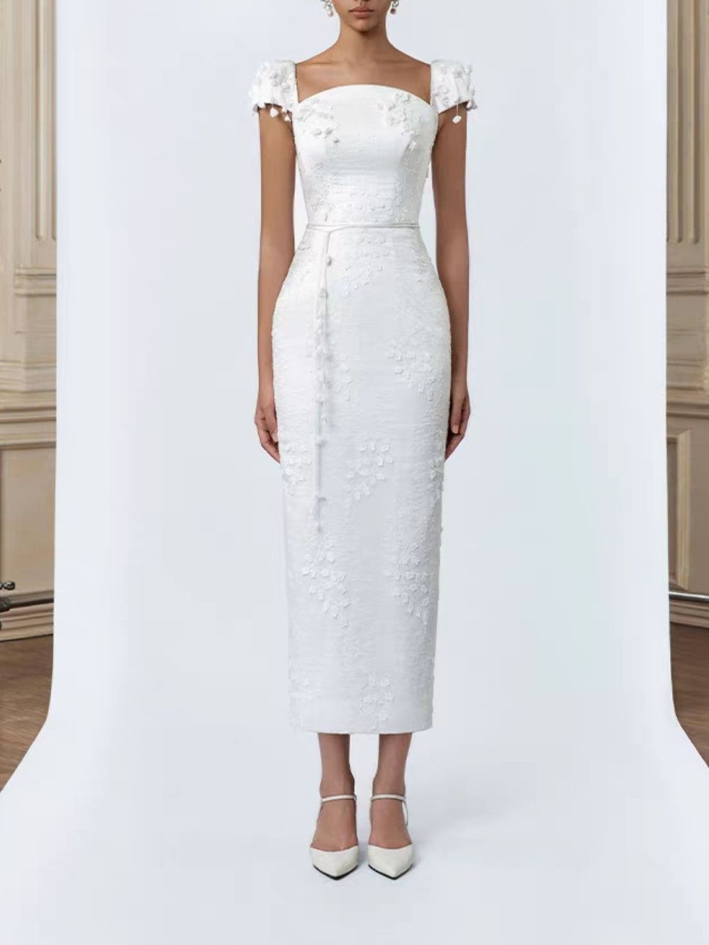 Madaline White Floral Embroidery Midi Dress - OWNCI