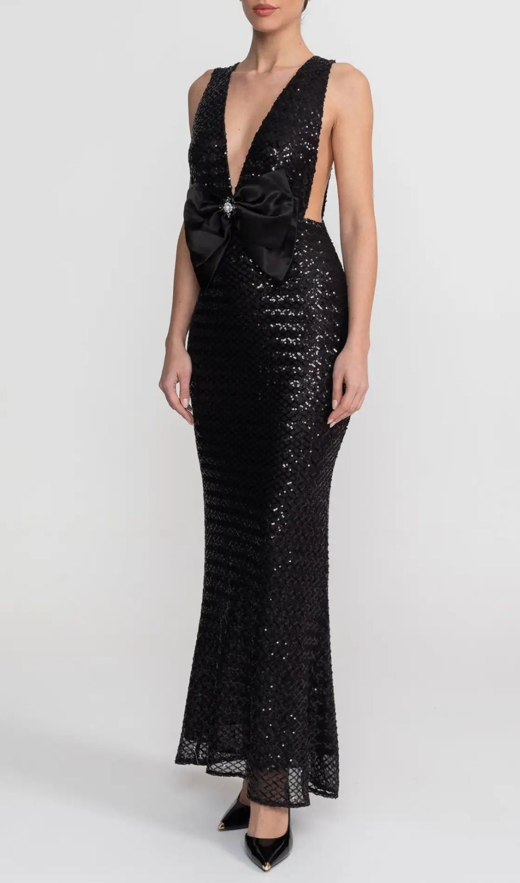8180f308996e5f110423febe95e411f2 Sequin Maxi Dress With Satin Bow Detail - Black