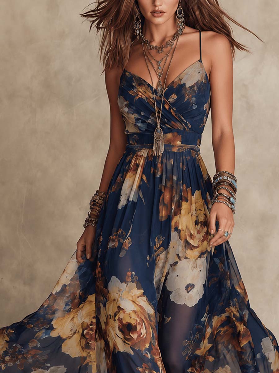 818853f8fd4740c118872eff417f830c Navy Blue Chiffon Floral Print Spaghetti Strap Maxi Dress
