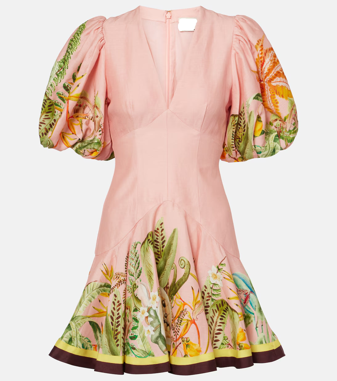 v-Neck Puff Sleeve Cotton Linen Printed Mini Dress – Pink - OWNCI