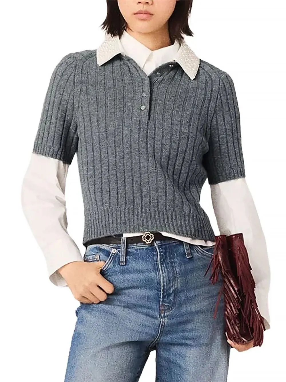 821490650986dae45696e1fccd3f2a4c Beaded Collar Ribbed Sweater