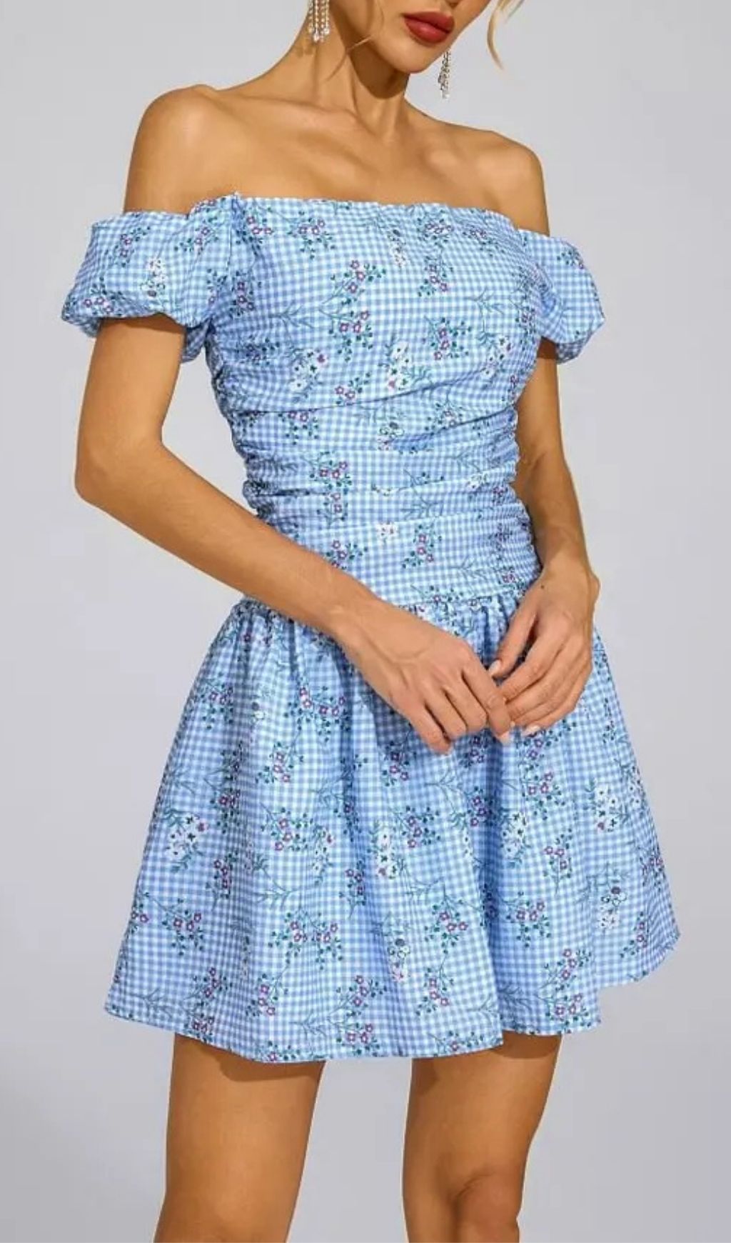 822f86cb6af9d2a1781bc8ddd18c47f1 Sophia Blue Floral Off-Shoulder Mini Dress