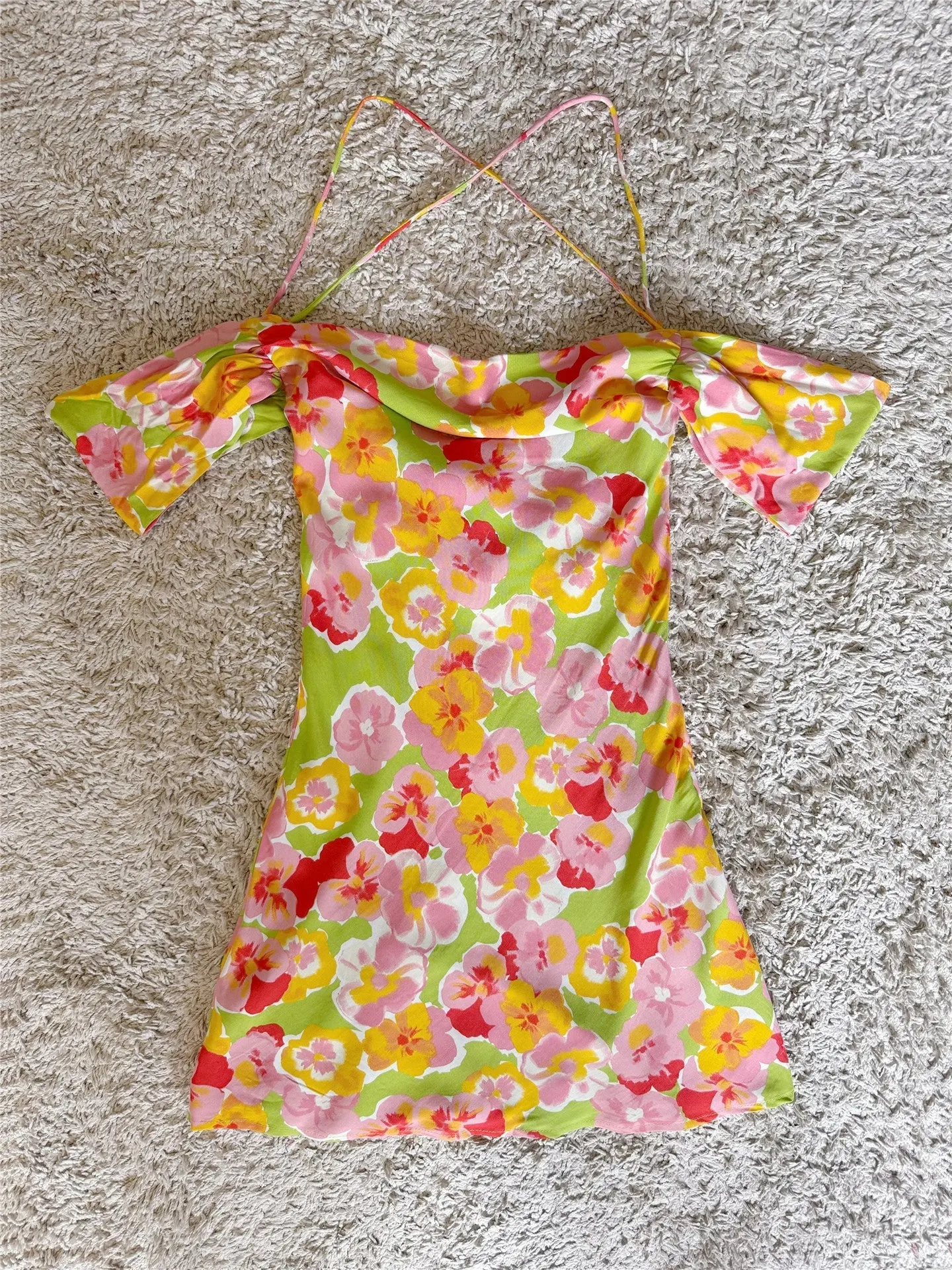 Floral Swing Neck Open Back Lace-Up Cotton Dress