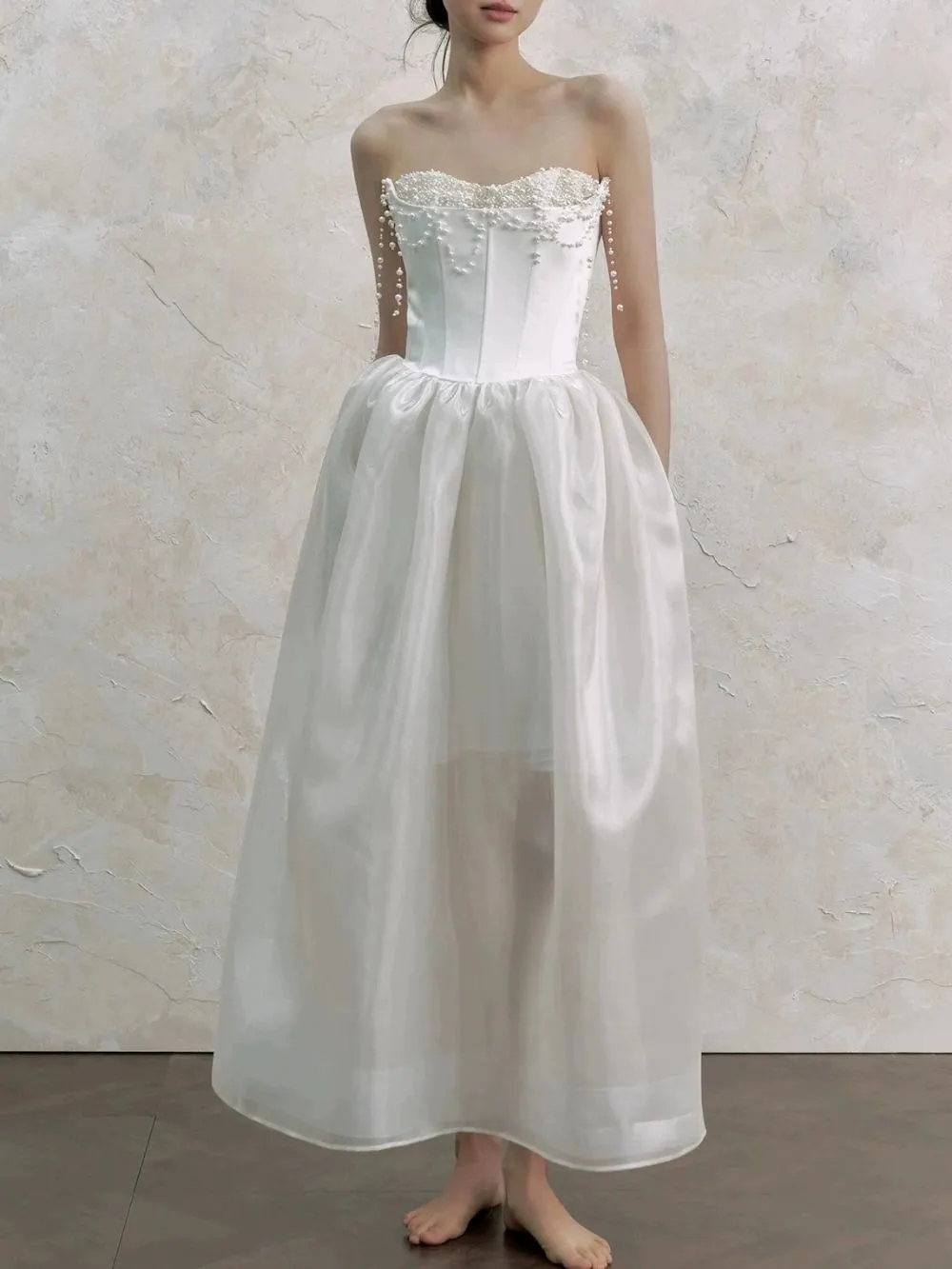 Mahalah White Strapless Pearl Maxi Dress