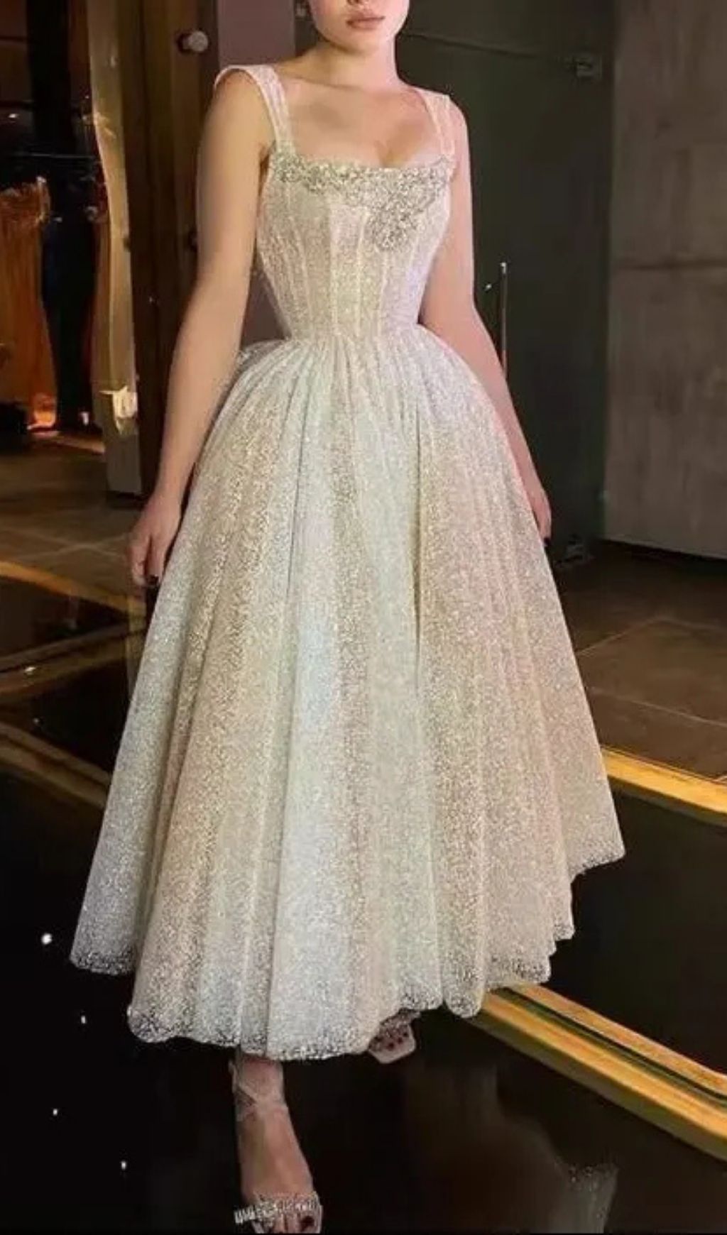 Square Neck Rhinestone Sequin Puffy Midi Dress