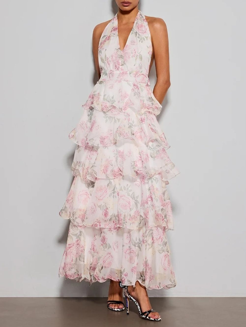 82805e09e8f3ddd8cac40f7e2336ea8b Errin Halterneck Ruffle Tiered Floral Maxi Dress
